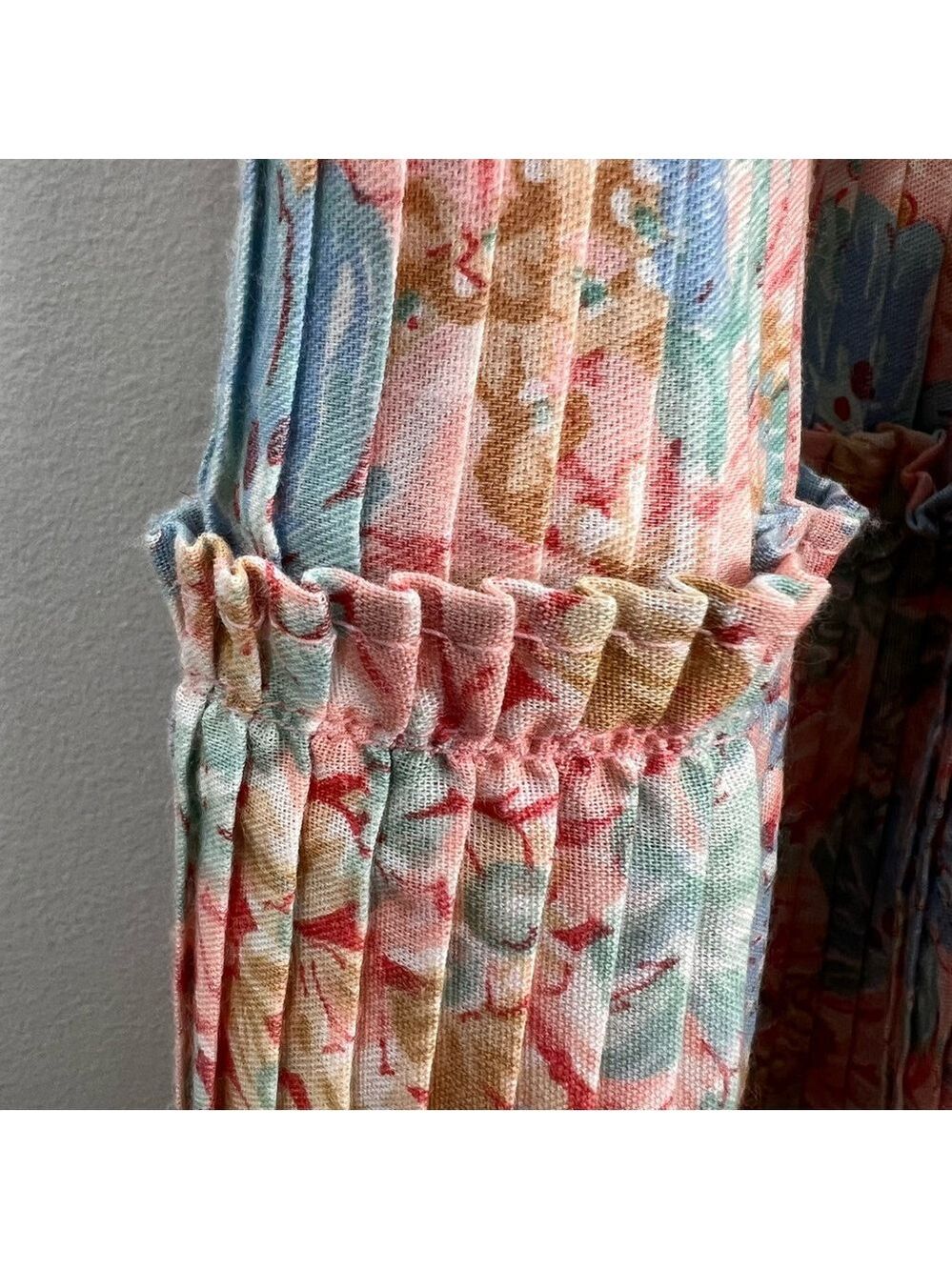 Vintage 70s boho cottagecore coral pink blue floral plisse tiered midi skirt - Picture 12 of 15